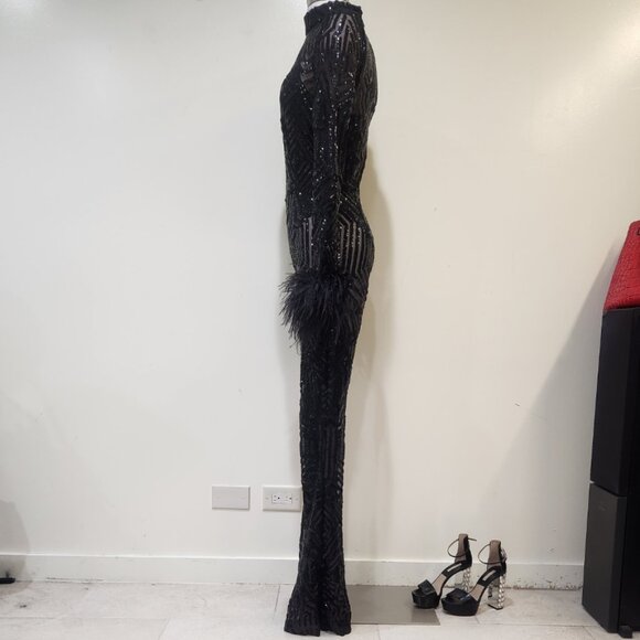 πA BOMBSHELL!π Ostrich Feather Trim Sequin Lace Bodycon Jumpsuit in Black - Picture 11 of 16
